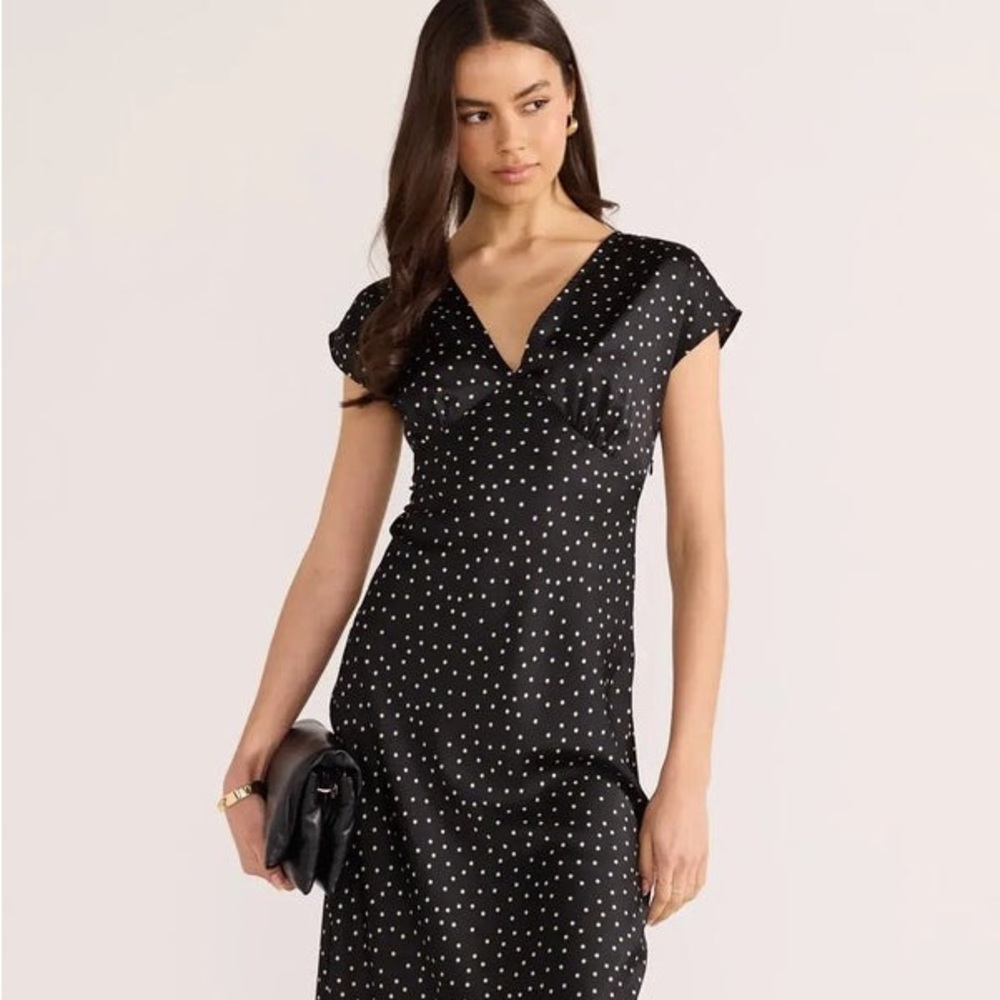 Petite Sophisticate Black and White Polka Dot V-Neck Midi Dress
